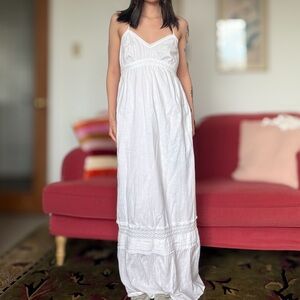 Dainty Beachy Boho Cotton Tiered White Halter Lace Trim Maxi Dress